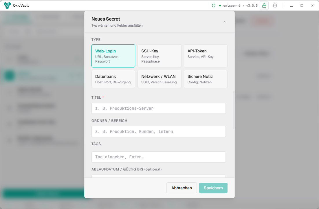 Dialog zur Auswahl des Secret-Typs in OxidVault: Web-Login, SSH-Key, API-Token, Datenbank, Netzwerk/WLAN, Sichere Notiz